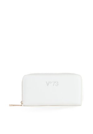 Portafoglio rettangolare bianco con cerniera dorata e logo "V°73" inciso al centro sul davanti.