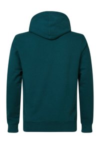 Felpa verde acqua con cappuccio regolabile e polsini a costine. Texture liscia, senza motivi o accenti visibili. Vista posteriore mostra un design semplice e pulito.