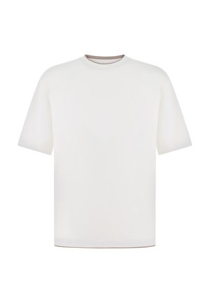 Effen wit T-shirt met korte mouwen en ronde hals, met een losse pasvorm, afgebeeld op een witte achtergrond.