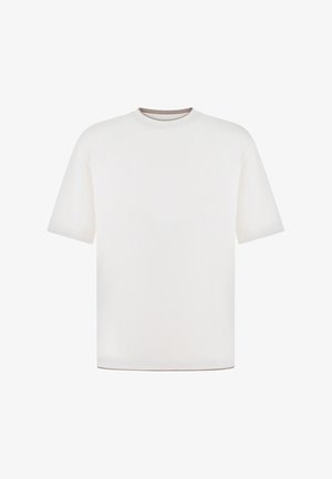 T-shirt bianca semplice a maniche corte con scollo tondo e vestibilità comoda, mostrata su sfondo bianco.