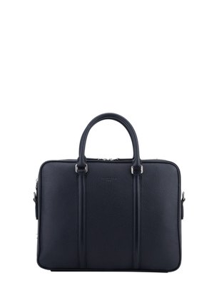 Porte-documents rectangulaire en cuir noir avec deux poignées, couture verticale et accents de fermeture éclair argentés, présenté sur fond blanc.