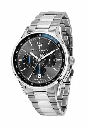 Maserati armbåndsur i rustfrit stål med sort urskive, tre underskiver, datovindue, tachymeterskala og sølvfarvet metalarmbånd med led.