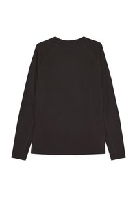 T-shirt noir à manches longues avec col rond en tissu texturé, vu de dos, avec manches raglan et ourlet droit.