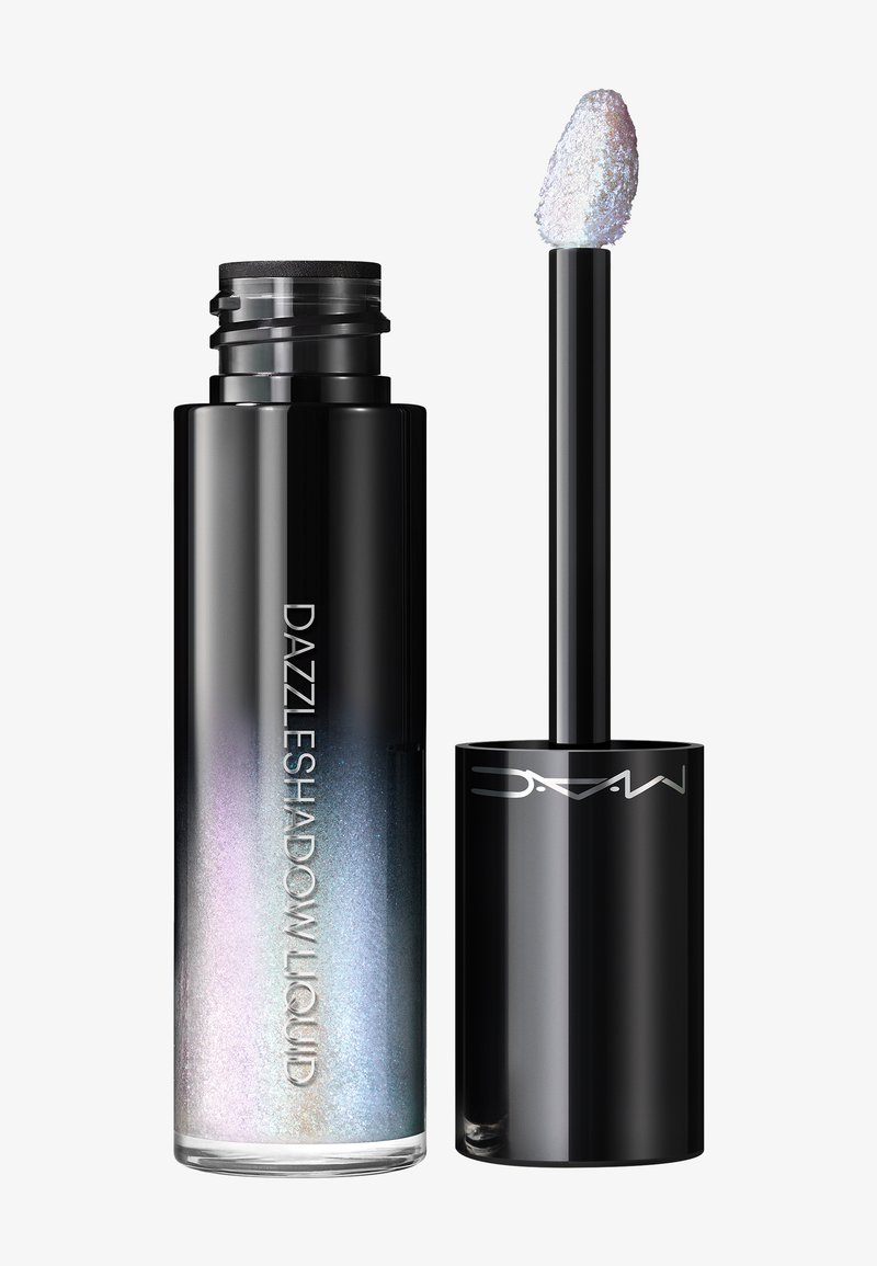 Contenitore di ombretto liquido cilindrico nero con shimmer iridescente all'interno e un applicatore con punta scintillante accanto.