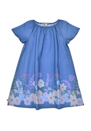 Blaues, kurzärmeliges Kleid mit gerafftem Ausschnitt und Blumenmuster mit weißen, pinken und violetten Blumen am Saum.