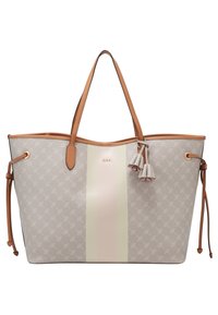 Tote bag gemaakt van gestructureerd beige materiaal met een roze en crèmekleurige verticale streep, voorzien van lichtbruine handvatten en decoratieve kwastjes.