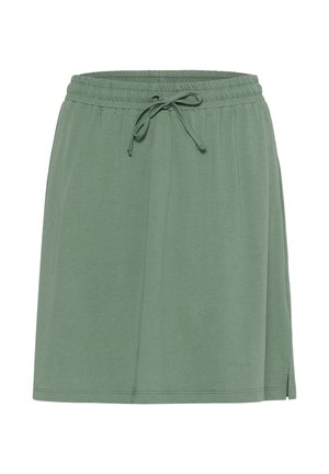 Zöld, térdig érő szoknya, elasztikus derékpánttal és elöl húzózsinórral, puha anyagból, oldalsó hasíték részlettel.