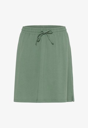 Jupe verte longueur genou avec taille élastiquée et lien coulissant à l'avant, en tissu doux avec une fente latérale.