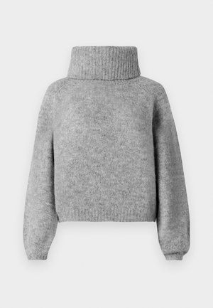 Light gray knitted sweater with a high ribbed turtleneck and long sleeves, featuring a slightly loose fit and ribbed cuffs and hem.