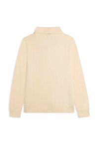 Maglione a maniche lunghe color crema con collo a funnel alto e polsini e fondo a coste, mostrato da dietro su uno sfondo bianco.