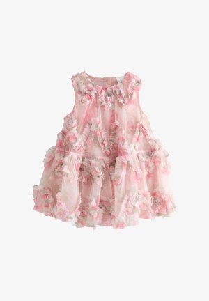 Rochie roz fără mâneci pentru copil mic, cu detalii în volane stratificate și modele florale moi pe toată țesătura.