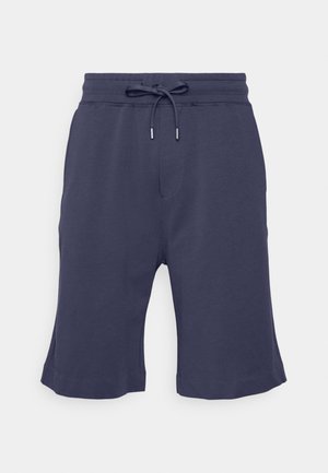 Bermudas azul marinho feitas de um tecido macio e respirável, com uma cintura elástica, fecho de cordão e bolsos laterais.