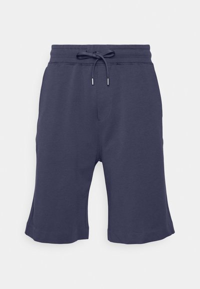 Bermudas azul marinho feitas de um tecido macio e respirável, com uma cintura elástica, fecho de cordão e bolsos laterais.