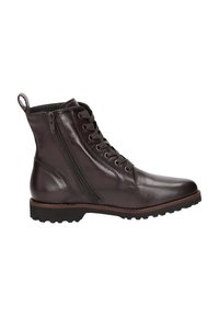 Bottes chevilles en cuir marron avec un bout rond, un laçage à l'avant, une fermeture éclair sur le côté et une semelle en caoutchouc texturé avec une bonne adhérence.
