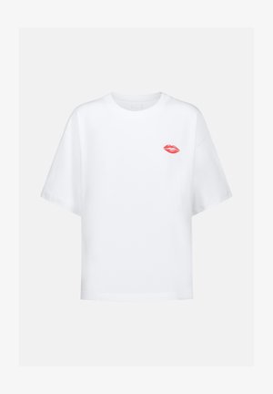 White cotton T-shirt with a relaxed fit, short sleeves, and a red lip graphic embroidered on the left chest.