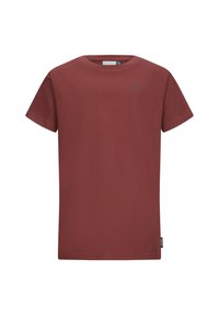 Rdzawoczerwony t-shirt z krótkim rękawem wykonany z miękkiej bawełny. Posiada okrągły dekolt oraz subtelny detal logo na górnej lewej części klatki piersiowej. Prosty fason.