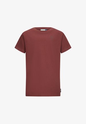 T-shirt a maniche corte color ruggine realizzato in morbido cotone. Presenta un collo a giro e un discreto logo sulla parte superiore sinistra del petto. Design semplice.