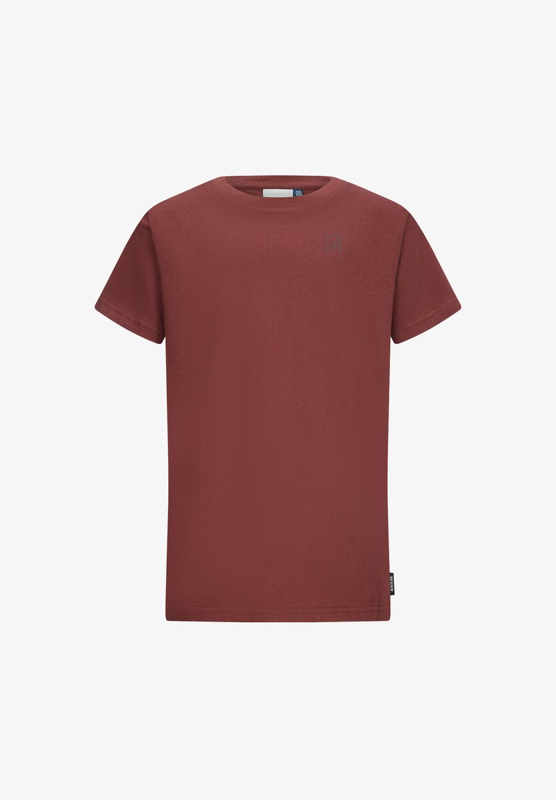Rdzawoczerwony t-shirt z krótkim rękawem wykonany z miękkiej bawełny. Posiada okrągły dekolt oraz subtelny detal logo na górnej lewej części klatki piersiowej. Prosty fason.