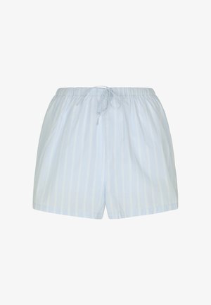 Vaaleansinivalkoiset pystysuora raidalliset shortsit, joissa on joustava vyötärönauha ja edessä nyöritys, suunniteltu rentoon käyttöön.