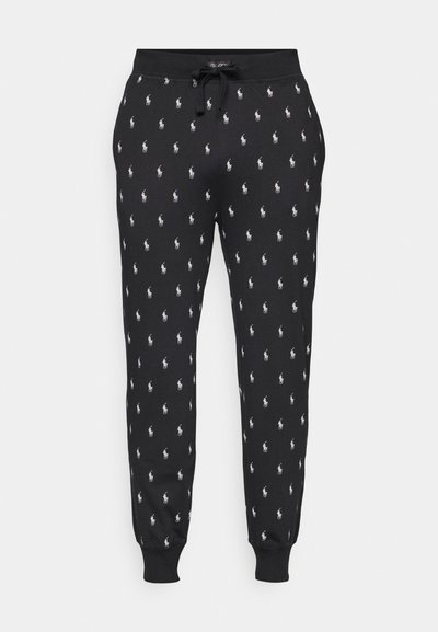 Pantalon de survêtement noir avec motif de logo polo blanc, taille élastique avec cordon de serrage, poignets ajustés, tissu doux et coupe décontractée.