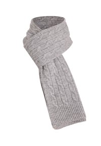 Hall hallatud sall, millel on punutud muster ja soonilised otsad, valmistatud pehmest kangast, pakkudes soojust ja mugavust.