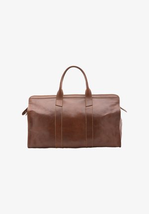 Sac de voyage en cuir marron avec double poignée, forme rectangulaire et coutures visibles, isolé sur fond blanc.