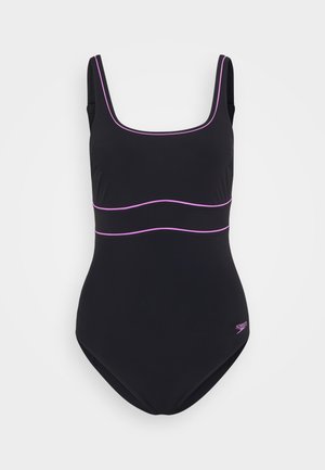 Zwarte badpak met roze piping details langs de halslijn en taille, met een klein Speedo-logo op de heup.