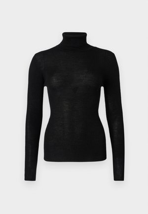 Must turtleneck särk keerdu tekstuuriga, pikkade varrukate ja liibuva lõikega, sileda viimistlusega ja minimaalsete detailidega.