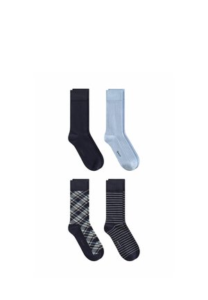 Vier Paar Herren-Crewsocken in Marineblau, hellblau gerippt, Marineblau mit Karomuster und Marineblau mit weißen Streifen.
