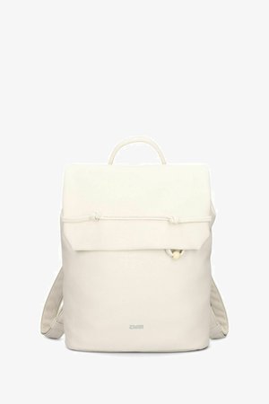 Cream-colored backpack with flap closure, top handle, adjustable shoulder straps, and small brand logo on front center.