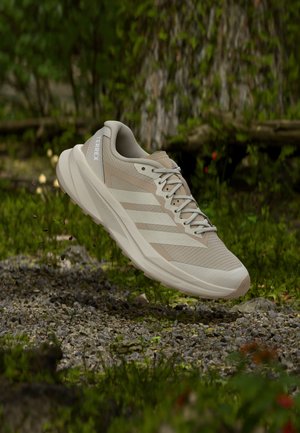 Ανοιχτό μπεζ παπούτσι τρεξίματος Adidas Terrex κρεμασμένο πάνω από μια χαλικώδη διαδρομή με πράσινο δασικό φόντο.