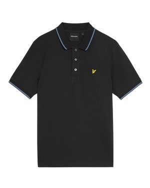 Black polo shirt in cotton with short sleeves and a three-button placket. Features blue contrast collar and cuffs, and a yellow logo on the chest.