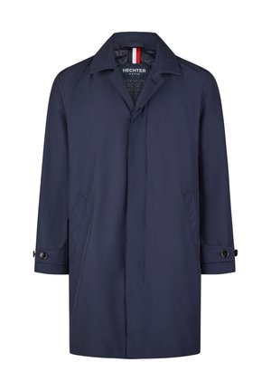 Navy blue trench coat made of smooth fabric, featuring a classic collar, long sleeves, and two side pockets with button accents.