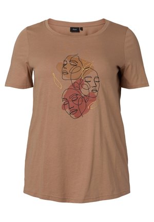 Hellbraunes kurzärmeliges T-Shirt mit abstrakter Linienkunst von drei sich überlappenden weiblichen Gesichtern und minimalistischen gelben Blätterakzenten auf der Vorderseite.