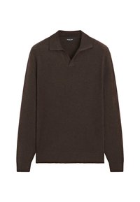 Maglione in maglia a maniche lunghe di colore marrone scuro, con colletto a coste, polsini e orlo, caratterizzato da una piccola apertura a V.