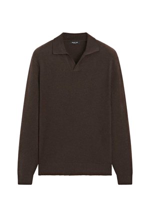 Donkerbruin gebreid sweater met lange mouwen, voorzien van een geribde kraag, manchetten en zoom, met een kleine V-halsopening.