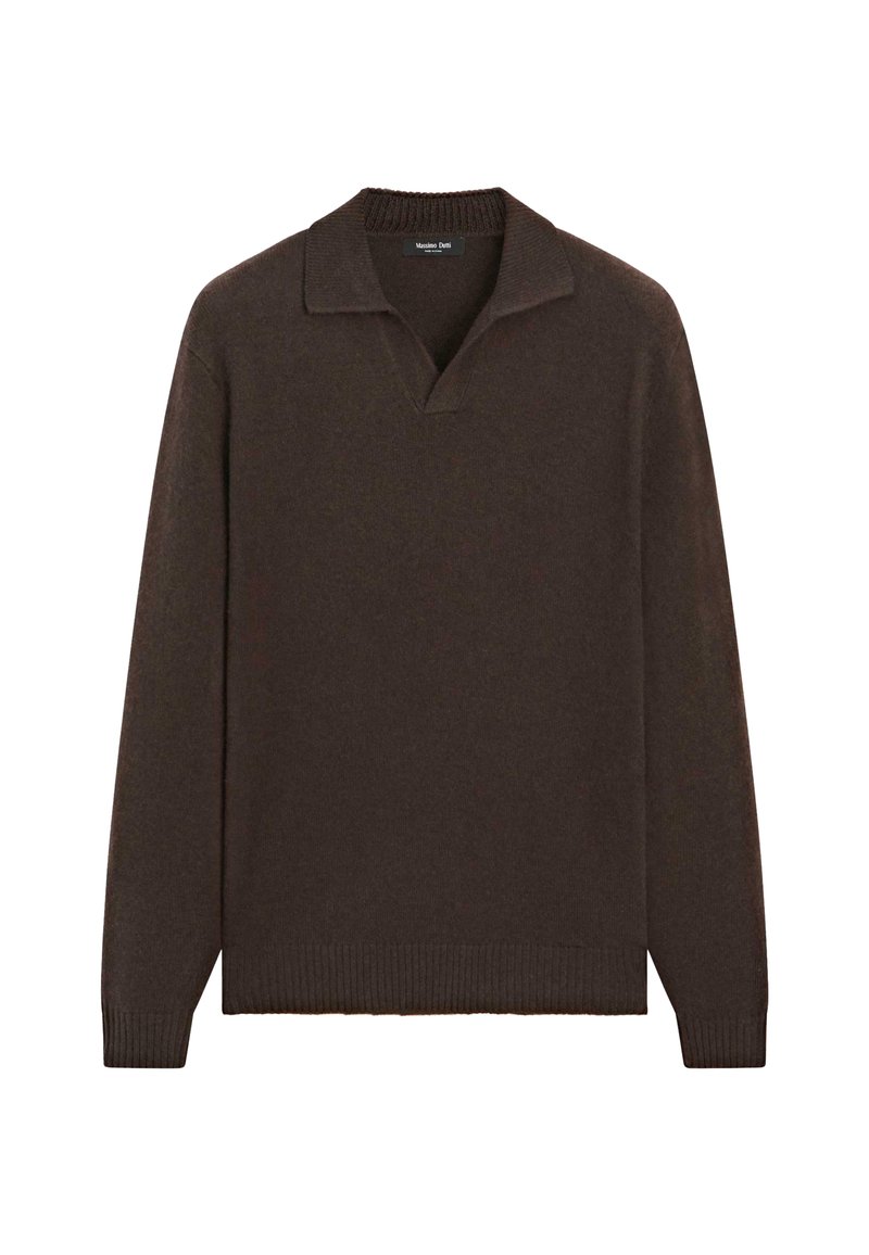 Maglione in maglia a maniche lunghe di colore marrone scuro, con colletto a coste, polsini e orlo, caratterizzato da una piccola apertura a V.