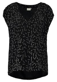 Black blouse with a V-neck, short sleeves, and a loose fit. Features a white linear pattern and a rounded hem, made from lightweight fabric.