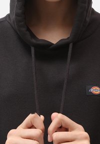 Felpa nera con cappuccio e coulisse, realizzata in tessuto testurizzato. Presenta un piccolo patch con il logo Dickies sul davanti.