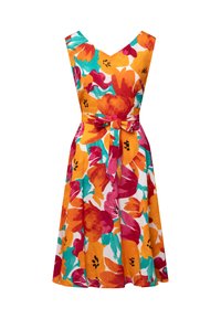 Blumenmuster Kleid in lebendigen Farben mit orange, pink und türkisfarbenen Mustern. V-Ausschnitt-Design mit tailliertem Gürtel und schwingendem Rock.