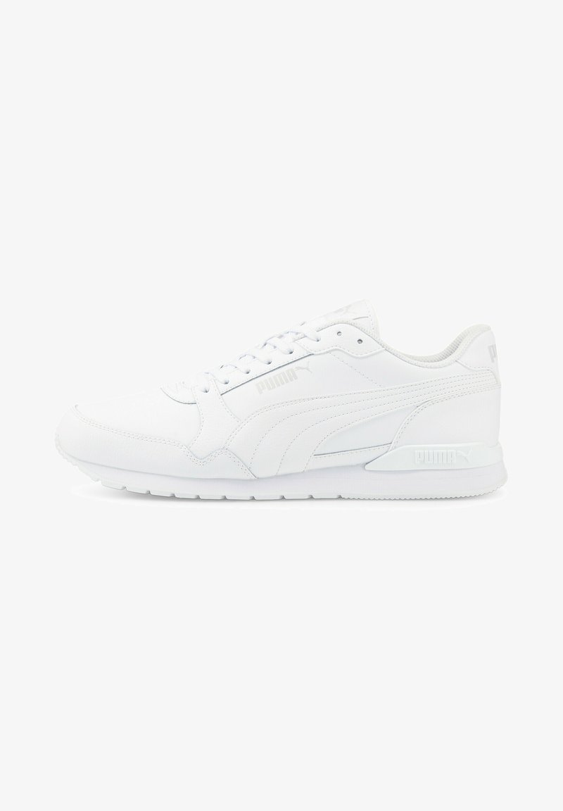 White athletic shoe made of synthetic material, featuring a round toe, laces, subtle logo accents, and a cushioned sole design.