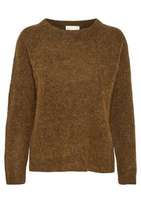 Brązowy, puszysty sweter z długim rękawem i okrągłym dekoltem, prezentowany na białym tle.