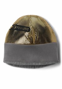 Cappello in lana oro e grigio foderato in pile con motivo a rete; presenta un'etichetta nera con la scritta "OMNI-HEAT INFINITY" sul lato.
