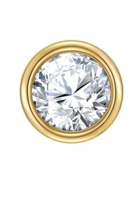 Pyöreä timantti kultakehyksessä. Timantti on kirkas, monifaceted, heijastaen valoa, kun taas kulta on sileä ja kiiltävä pinta.