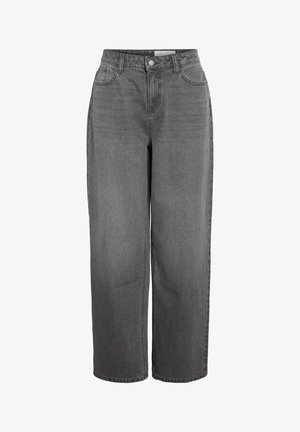Grijze denim jeans met hoge taille, rechte pijpen, voorzakken en knoopsluiting.