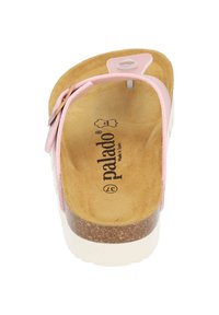 Infradito rosa con suola in sughero, suola in gomma bianca e una singola fascia con chiusura a scatto e stampa del logo.
