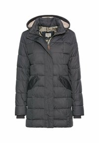 Gevoerde zwarte parka met een capuchon van faux bont, ritssluiting, twee frontzakken en ribgebreide manchetten. Textuur, lichtgewicht stof.