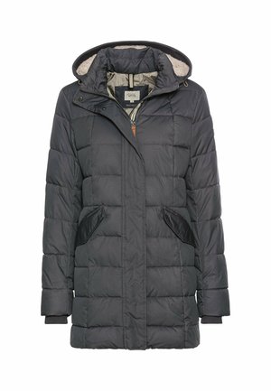 Polstret sort parka-jakke med hætte foret med faux pels, lynlåslukning, to forlommer og ribbede manchetter. Tekstureret, letvægtsstof.