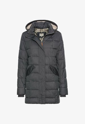 Gepolsterte schwarze Parkajacke mit einer Kapuze aus Kunstfell, Reißverschluss, zwei vorderen Taschen und gerippten Bündchen. Texturiert, leichtes Material.