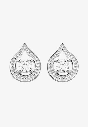 Paire de boucles d'oreilles argentées en forme de goutte avec un diamant rond central entouré de petits détails en perles d'argent.